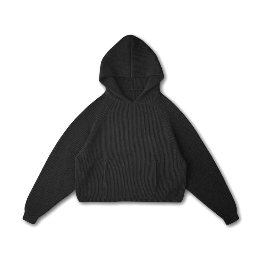 vwoollo Black Shaker Knit Hoodie Unisex Streetwear Chunky Sweater - Size XL